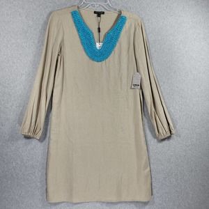 For Cynthia Womens Dress Linen Blend Long Sleeve Blue Bead Neckline XS